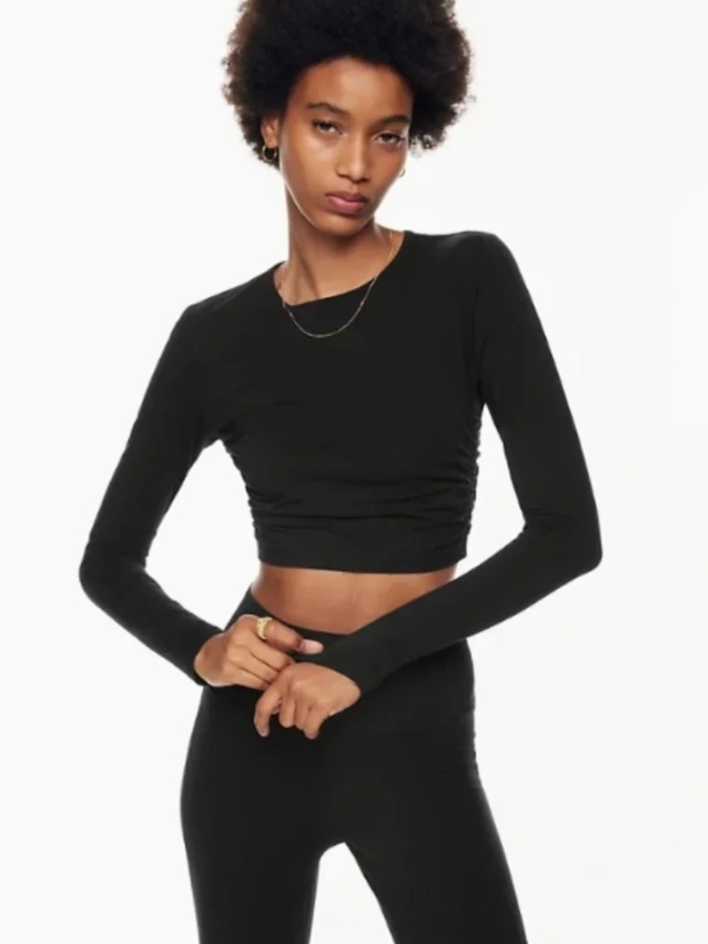 Aritzia TNA Black Long-Sleeve Ruched Cropped Top